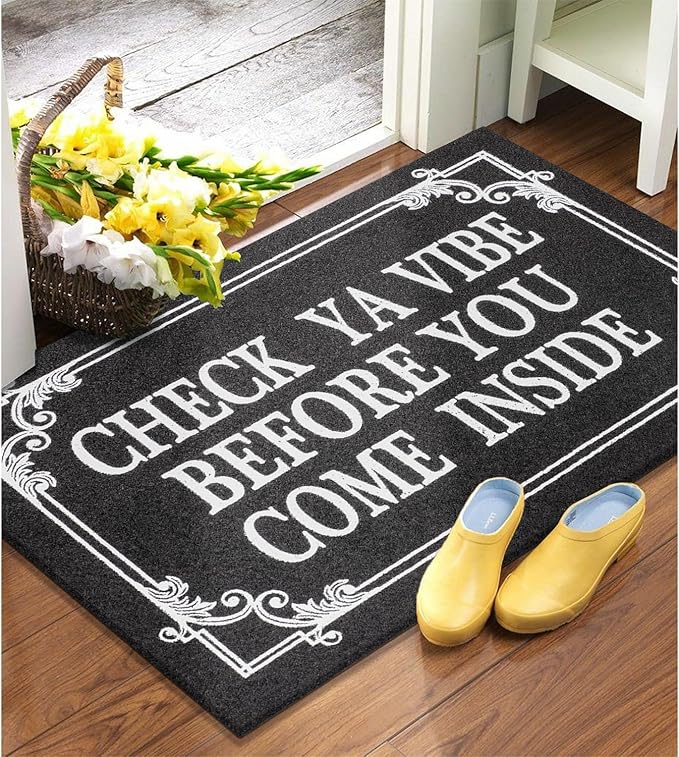Indoor Door Mat Welcome Mats for Front Door Outdoor Entry Black Doormat, Check Ya Vibe Before You Come Inside This House Doormat, Non Slip Rubber Farmhouse Mats 36" x 24"