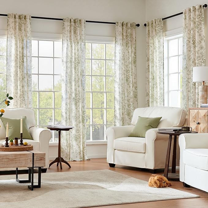jinchan Linen Floral Curtains 96 Inch Length for Living Room Bedroom Light Filtering Farmhouse Peony Flower Drapes Rustic Window Curtain Set Rod Pocket Back Tab 2 Panels Green
