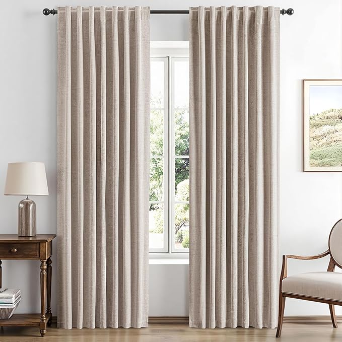 MIULEE 100% Blackout Linen Curtains for Bedroom, Khaki Solid Luxury Decor Thermal Insulation Room Darkening Drapes for Living Room Nursery Back Tab Rod Pocket 42 x 90 Inches, 2 Panels