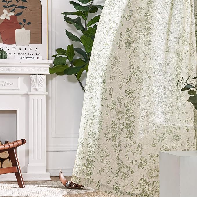 jinchan Linen Blend Floral Curtains for Living Room 90 Inch Length Farmhouse Printed Curtain Rod Pocket Back Tab Sage Green Peony Flower Patterned Drapes Bedroom Curtains Set 2 Panels