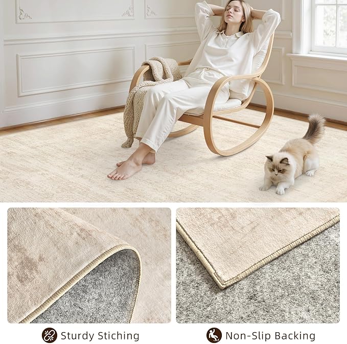6x9 Area Rugs for Living Room: Vintage Boho Neutral Washable Rug Indoor Soft Large Area Rug Carpet for Bedroom Nursery Farmhouse Dining Room Office Floor Non-Slip Low Pile Under Table Rug Retro Beige