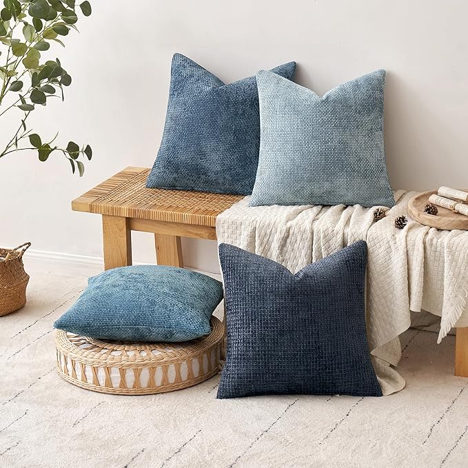 MIULEE Pack of 4 Couch Throw Pillow Covers 18x18 Inch Neutral Blue Soft Decorative Chenille Pillow Covers Farmhouse Accent Cushion Covers for Boho Western Spring Coastal Decor Sofa Bed Living Room