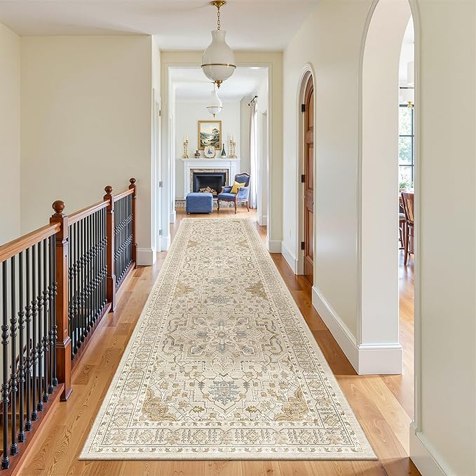 Madane 3x12 Hallway Runner Rug, Non Slip Washable 12ft Runner for Hallways Soft Vintage Kitchen Rugs Low-Pile Thin Floor Carpet Runner for Entryway Bathroom Bedroom, Beige/Blue