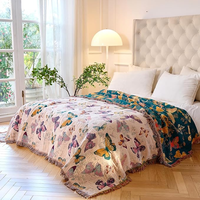 MSGKV Boho Throw Blanket for Couch Cotton Butterfly Blanket 50"x60" Sofa Chair Blankets All Seasons Muslin Spring Breathable Lightweight Farmhouse Blankets Home Decor