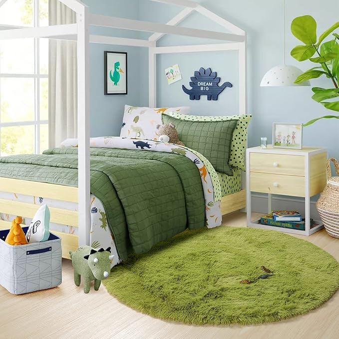 Grass Green Small Round Rug 3Ft for Bedroom, Fluffy Shag Circle Area Rugs for Kids Room Classroom Nursery, Cool Living Room Decor Aesthetic, Cute Fuzzy Moss Floor Circular Carpet for Preppy Dorm