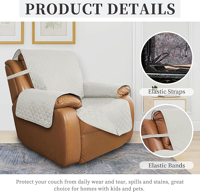 ISSUNTEX Double Protection 100% Waterproof Recliner Covers for Living Room, Reversible Furniture Protector Recliner Couch Sofa Slipcover for Dogs, Pets, Kids (Oversized Recliner, Ivory/Ivory)
