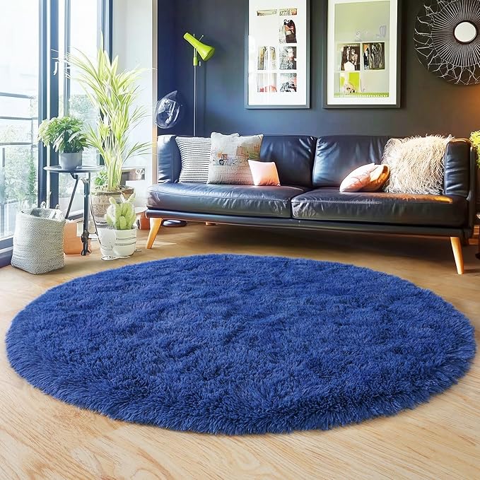 6‘x6’ Blue Round Rug for Bedroom, Ultra Soft Fluffy Circle Rug for Kids Girls Boys Room, Cute Shag Rugs for Living Room Playroom Teen Room Home Decor Rug