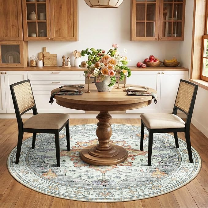 RELEANY Area Rugs 6ft Washable Non-Slip, Floral Vintage Distress Print Pattern Medallion Carpet for Living Room Bedroom Dining Room, Light Yellow Carbon Grey Orange
