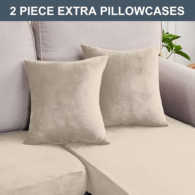 Couch Cover 8-Piece Elastic Velvet Couch Cushion Covers & Chaise Slipcovers for L-Shaped Sofas - Sofa Seat Covers Washable, Soft Protector for Couches (7 Seater + Chaise, Cream)