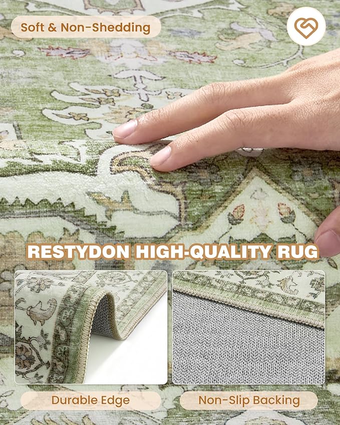 Runner Rug 2x8 Runners for Hallways Non Slip Washable, Vintage Hallway Runner Rugs for Living Room, Low Pile Soft Hallway Rug for Kitchen Bedroom Laundry Room Rug(Light Green,2'x8')