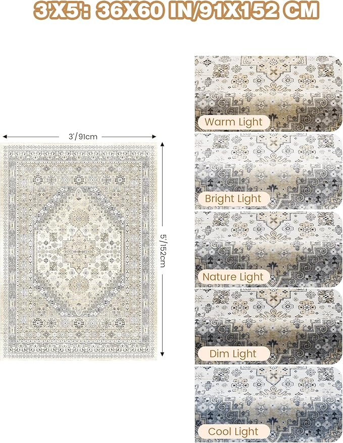 3x5 Washable Area Rug for Entryway, Kitchen Rugs Non Slip for Dining Room, Vintage Floral Soft Living Room Rug, Thin Area Rug Indoor for Bedroom, Kids Room Decor(Beige,3'x5')