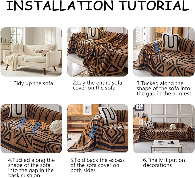 HANDONTIME Boho Geometric Couch Covers for Sofa Pet Friendly Brown and Black Sofa Covers Washable Chenille Couch Blanket Cover for 1 2 Cushion Couches Pet Protector Furniture Cover Soft, 71" X 102"