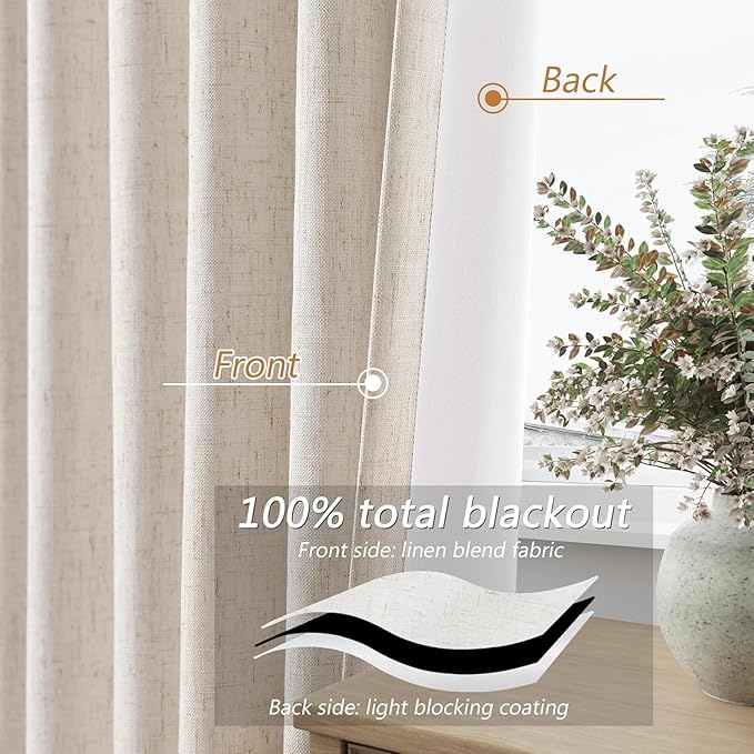 Guken 100% Blackout Curtains 72 Inch Length 2 Panels Set for Living Room Bedroom Back Tab Thermal Insulated Black Out Linen Drapes Room Darkening Window Curtains 40 Wide