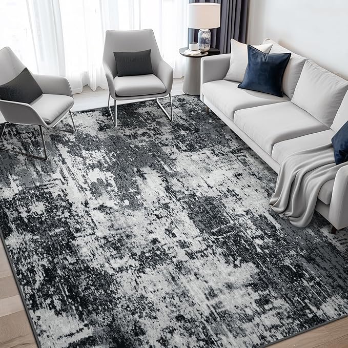 Washable Area Rugs7'x9' Non-Slip Modern Abstract Soft for Living Room Entryway Bedroom Nursery, Print Pattern, Black Navy Blue Gray