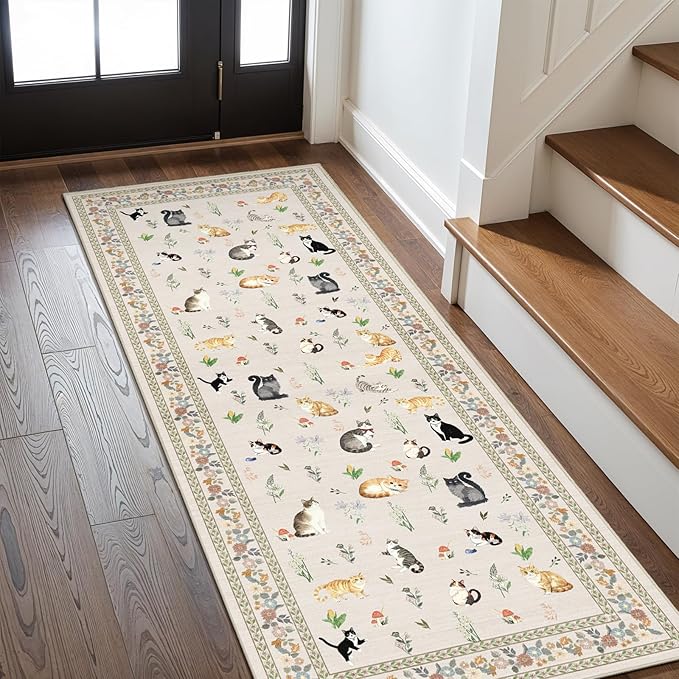 2x6 Washable Kitchen Runner Rug - Soft Low Pile Floral Animal Cat Print Rugs with Non-Slip Backing Waterproof Stain-Resistant Indoor Carpet for Hallway Entryway Bathroom Bedroom (Light Beige)