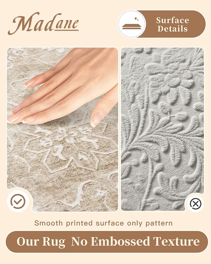 Madane Washable Area Rug 4x6, Low Pile Stain Resistant Vintage Area Rugs, Non Slip Accent Rug Floral Print Indoor Mat for Entryway Living Room Kitchen Bedroom, Beige/Brown