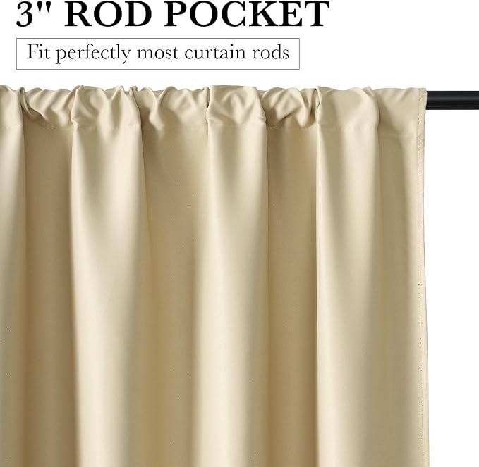 RYB HOME Bedroom Blackout Curtains 63 inches Long, 100% Blackout Thermal Insulated Noise Reducing Curtains for Living Room Nursury, 34 inches Wide by 63 inches Long, Biscotti Beige