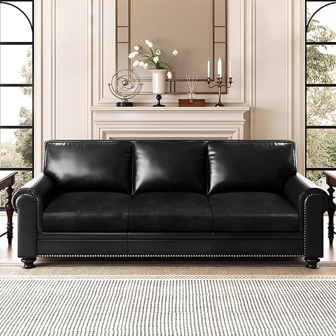 Leather Look Couch Cushion Covers Sofa Seat Slipcovers Sets Couches Furniture Protector for Sectional Armchair Loveseat Pets Kids Stretch Spandex Fabric (3 Cushion Sofa, Black)