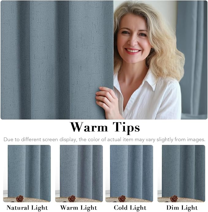 H.VERSAILTEX Linen Curtains 100% Blackout Curtains for Bedroom 90 inch Long Full Light Blocking Nature Linen Blended Window Curtains for Living Room Nickel Grommet (2 Panels, Stone Blue)