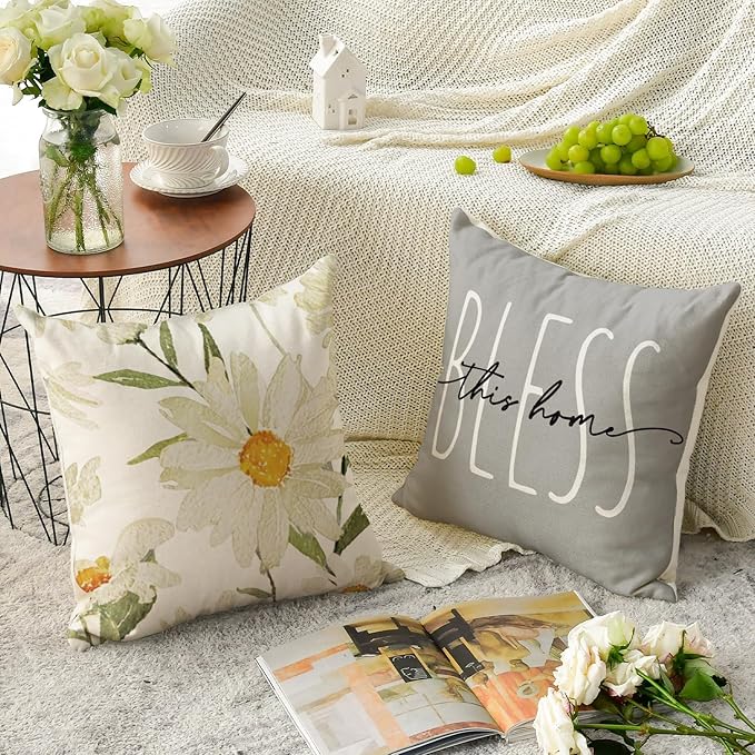 AVOIN colorlife Home Sweet Home Spring Summer Flowers Throw Pillow Covers, 20 x 20 Inch Grey Cushion Case for Sofa Couch Set of 4