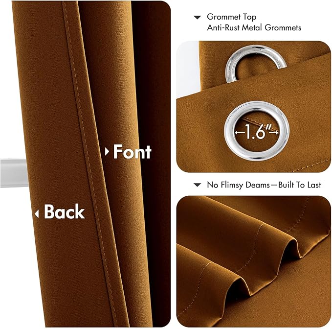 MIULEE Gold Brown Blackout Curtains for Bedroom Living Room 72 Inches Long 2 Panels, Thermal Insulated Room Darkening Drapes Solid Grommet Noise Reduction Light Blocking Window Treatments 40x72 inch