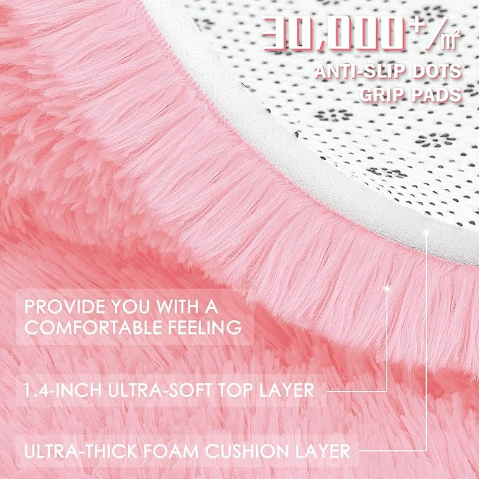 OLANLY Pink Round Rugs for Bedroom - Machine Washable, 3 ft Circle Area Rugs for Living Room, Soft and Fluffy Shaggy Carpet for Teen Girls and Boys, Nursery Rooms, Dorms, Home Decor Aesthetic