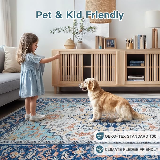 Lofus 6x9 Area Rugs for Living Room, Washable Area Rug, Rugs for Bedroom, Kitchen, Vintage Boho Carpet, Soft Non-Slip, Low Pile Large Area Rug for Office Dining Room, Floral Blue