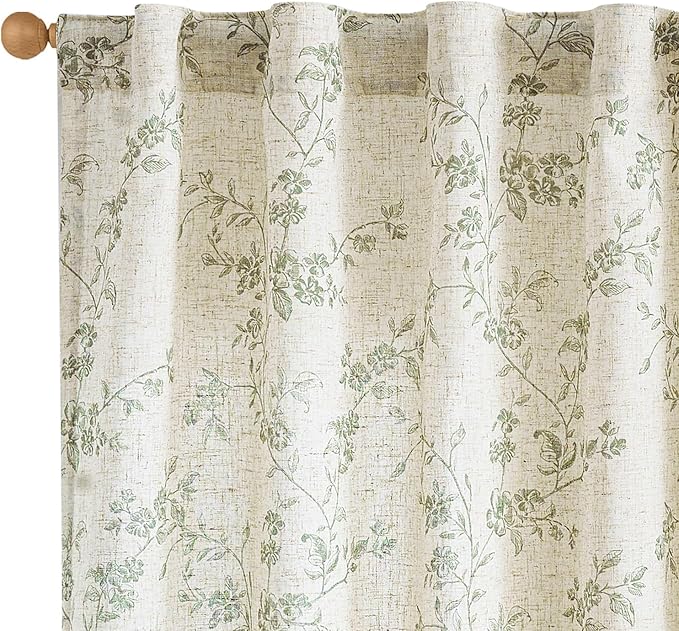Lazzzy Green Floral Linen Curtains 84 Inch Farmhouse Back Tab Drapes for Living Room Bedroom Light Filtering Vintage Grandmillennial Rod Pocket Curtains, 2 Panels, W38 x L84, Green on Beige