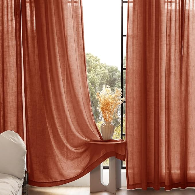 80 inch Linen Terracotta Curtains 2 Panels for Living Room Back Tab Light Filtering Semi Sheer Rust Colored Curtains 80 inches Long Soft Thick Cotton Cloth Textured Rustic Boho Farmhouse Room Decor