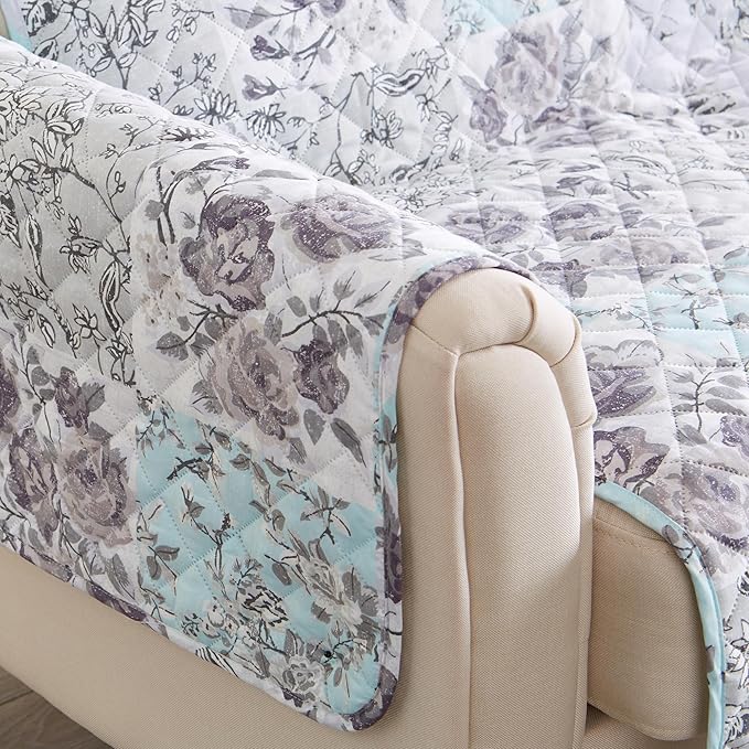 Great Bay Home Reversible Floral Patchwork Chair Furniture Protector - Machine Washable, Scalloped Edge, Stain Resistant, Printed Furniture Cover for Dogs, Kids, and Pets (Gray/Aqua)