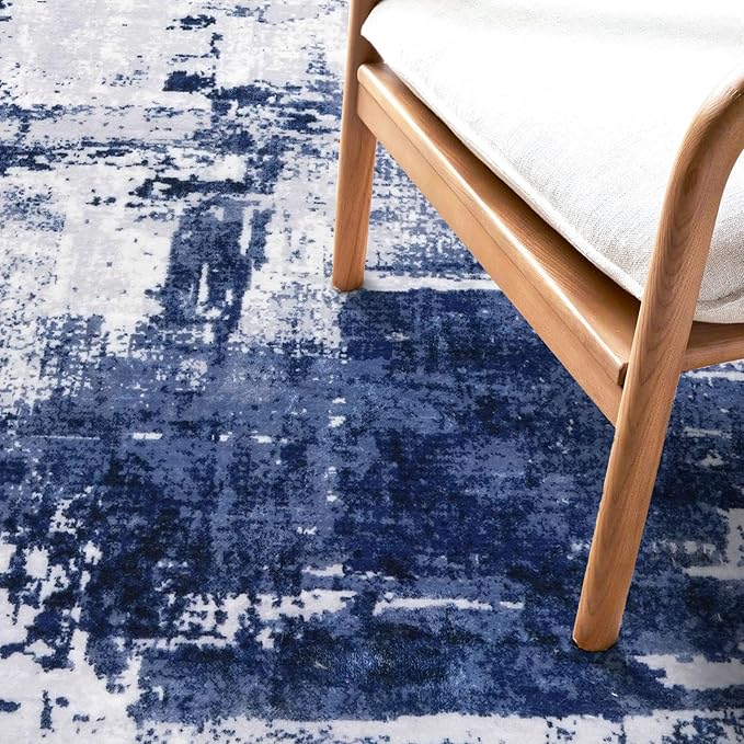 KOZYFLY Modern Abstract Area Rugs 8x10 Navy Blue Machine Washable Thin Rug for Bedroom Non-Slip Living Room Rug, Faux Wool Soft Low Pile Office Carpet for Dining Room, Bedroom, Kitchen Bathroom