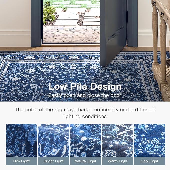 Lofus 8x10 Area Rugs for Living Room, Machine Washable Non-Slip Area Rug, Low Pile Large Rugs for Bedroom, Kitchen, Dining Room, Home Office, Vintage Oriental Print Rug, Dark Blue with White