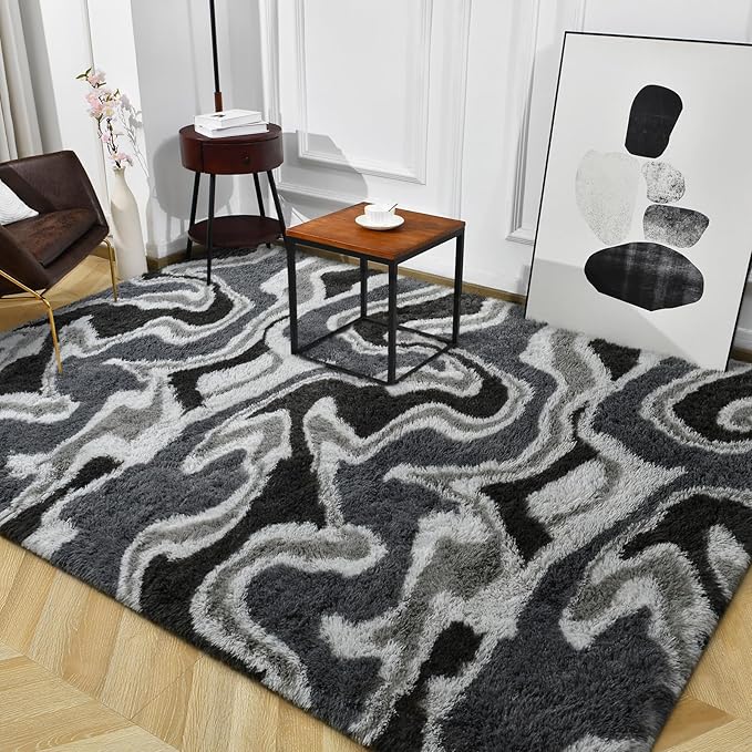 TWINNIS Super Soft Shaggy Rugs Fluffy Carpets, 4x5.9 Feet, Indoor Modern Plush Area Rugs for Living Room Bedroom Kids Room Nursery Home Decor, Upgrade Anti-Skid Rectangular Fuzzy Rug, Grey Black