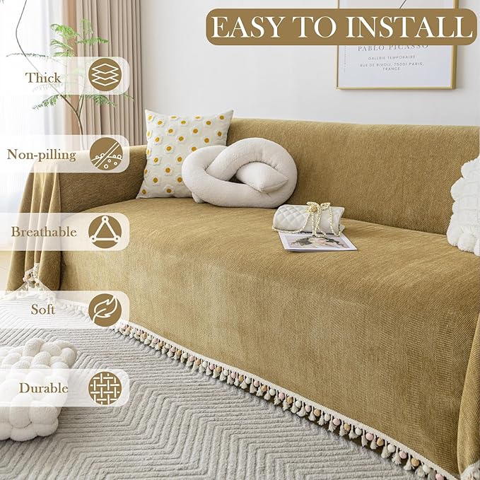 HANDONTIME Couch Covers for Pets Boho Mustard Yellow Love Seat Couch Covers Brown Sofa Cover for Dogs Pet Couch Protector Chenille Tassel Sofa Slipcovers Sofa Throw Cover Boho Decor, 91" X150"