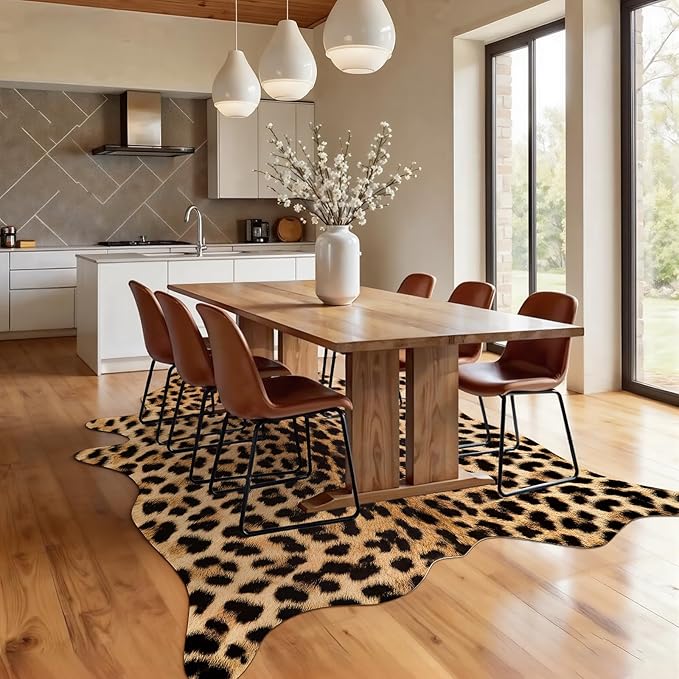AROGAN Premium Leopard Print Rug 4.6x5.2 Feet, Machine Washable Faux Fur Cheetah Rug, Non-Slip Animal Print Hide Leopard Skin Area Rug for Bedroom Living Room Home Decor