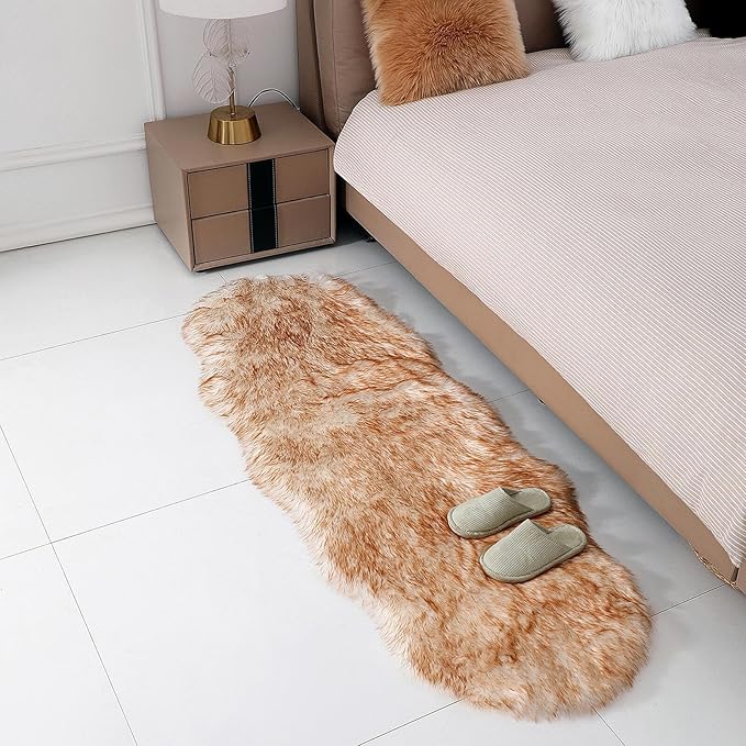 linmopm Faux Fur Rug Sheepskin Shag Fluffy Fuzzy 2x6 ft Runner Rugs for Bedroom Bedside Bed Floor Living Room Plush High-Density Cushion Carpet Super Sofa Cover White and Yellow