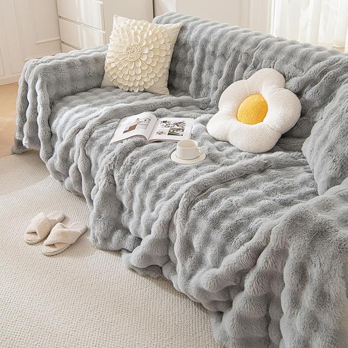 HANDONTIME Grey Plush Sofa Covers Washable Rabbit Plush Couch Cover Soft Cozy Faux Fur Couch Protector for Dogs Fluffy Plush L Shaped Sofa Cover Pet Friendly Couch Protector Furniture, 71" X134"