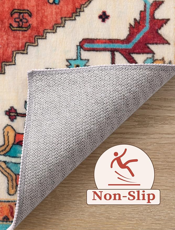 SERISSA Boho Washable Runner Rug, 2'6"x8' Rug Runner Non-Slip Vintage Orange Hallway Kitchen Runner Rug Ultra Soft Print Distressed Tribal Floor Carpet Runner for Bedroom Bathroom Laundry Room