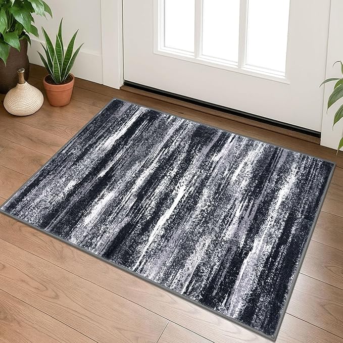 Lansny Modern Abstract Entryway Rug Indoor 2x3 Washable Rug Non-Slip Soft Small Area Rug Black Grey Kitchen Mats Thin Print Faux Wool Floor Carpet Throw Rugs for Entrance Bedroom