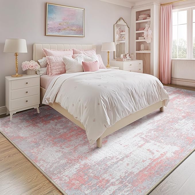 Washable Area Rugs 4'x5' Non-Slip Modern Abstract Soft for Living Room Entryway Bedroom Nursery, Print Pattern, Grey Pink