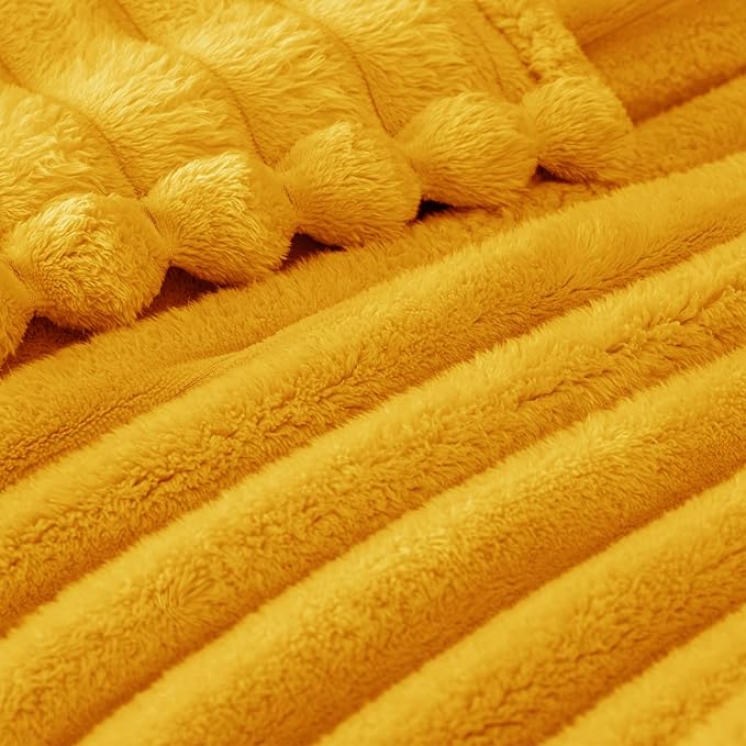 Exclusivo Mezcla Fleece Throw Blanket for Couch, Super Soft Striped Jacquard Bed Blanket, Lightweight Fuzzy Cozy for All Seasons, 50x60 Inches, Mustard Yellow