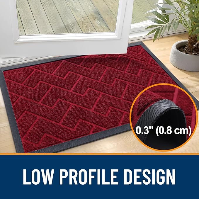 OLANLY Front Door Mat Indoor Outdoor Entrance, Waterproof All-Season, All-Weather Doormat, Sturdy Natural Rubber, Low Profile, Easy Clean Patio Porch Entryway Mat, Herringbone Brick (Wine Red, 47x32)