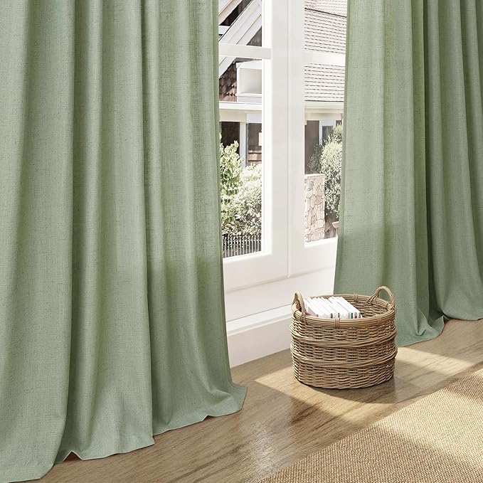 Nanspringt Light Sage Linen Semi Sheer Curtains 80 Inch Length for Living Room Lightweight Door Drapes 2 Panels Set for Bedroom Light Filtering Back Tab Rod Pocket Curtain Protect Privacy 52x80