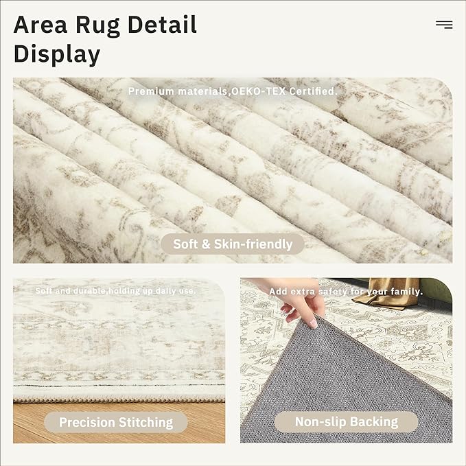 Soalmost 8x10 Area Rugs, Washable Rugs, Large Stain Resistant Beige Area Rug for Living Room Bedroom Dining Room, Vintage Farmhouse Rug