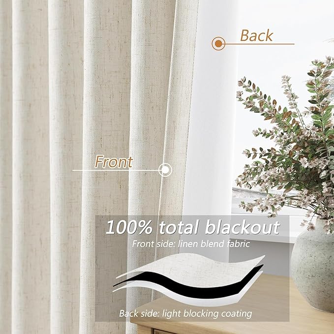 Guken 100% Blackout Cream Linen Curtains 52 Inch Wide by 56 Inch 2 Panels Set for Kitchen Small Windows Back Tab Thermal Insulated Black Out Linen Drapes Room Darkening Curtains