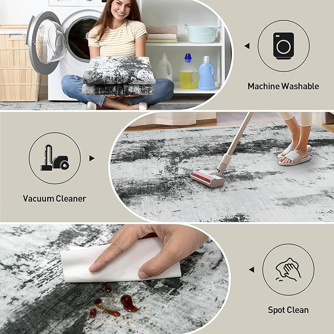 5x7 Area Rugs Washable Rug: Modern Abstract Living Room Rug Soft Anti-Skid Thin Carpet Indoor Floor Non-Shedding Carpets for Bedroom Dining Room Farmhouse Nursery Home Office Black White Grey