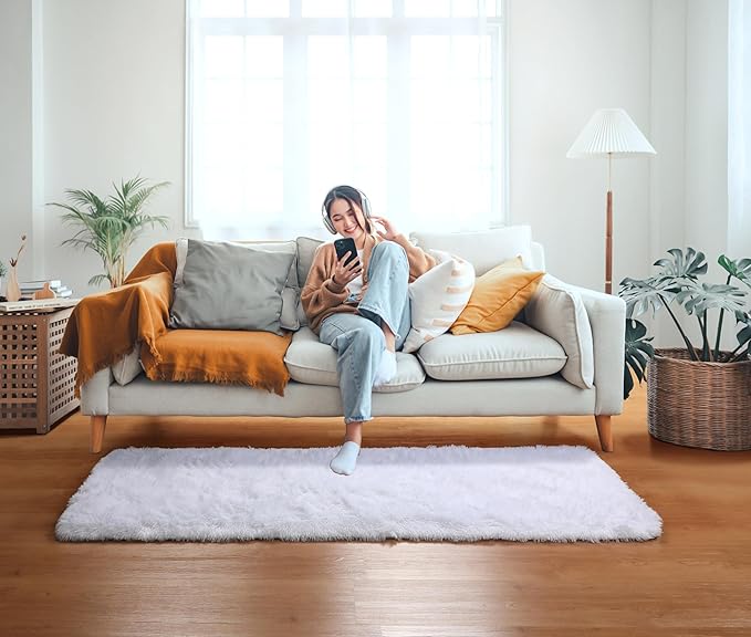 ONASAR White Runner Rugs for Bedroom Living Room, Luxury Bedside Fluffy Area Rug 2x6 Feet, Ultra Soft Plush Faux Fur Floor Throw Carpet for Hallway Nursery Kids Dorm Home Decor Aesthetic