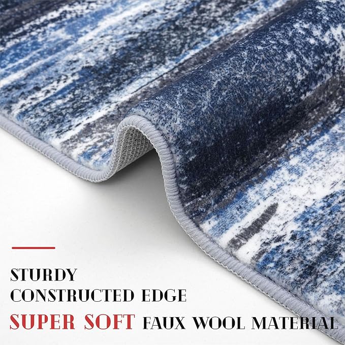 Lansny Modern Abstract Entryway Rug Indoor 2x3 Washable Rug Non-Slip Soft Small Area Rug Navy Blue Kitchen Mats Thin Print Faux Wool Floor Carpet Throw Rugs for Entrance Bedroom