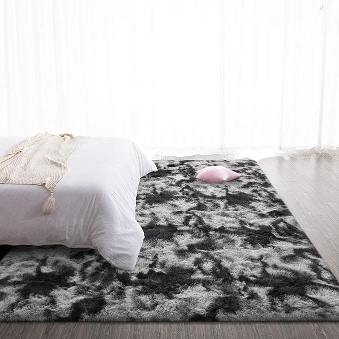 TWINNIS Super Soft Shaggy Rugs Fluffy Carpets 5x7 Feet, Indoor Modern Plush Area Rugs for Living Room Bedroom Kids Room Nursery Home Decor, Upgrade Anti-Skid Fuzzy Rug, Black and Grey