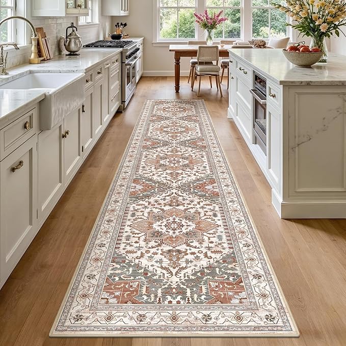 Yamaziot Washable Runner Rug, 2x10 Non-Slip Boho Vintage Hallway Rug Runner with Rubber Backing, Low Pile Faux Wool Distressed Carpet Runner for Bedroom, Kitchen, Laundry, Entrance, Ginger Grey